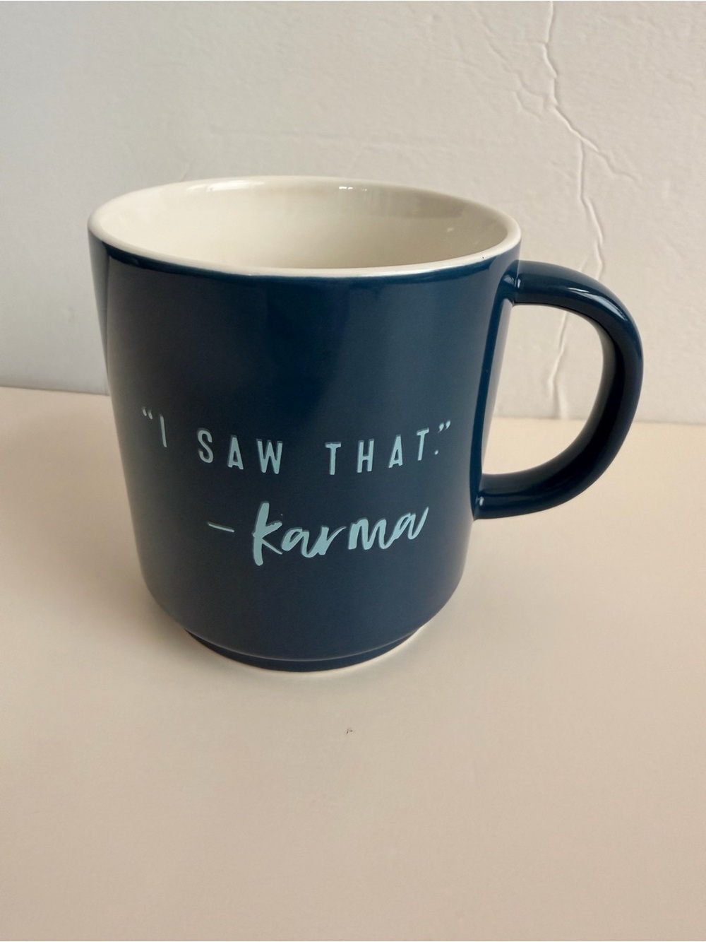 Threshold “I Saw That – Karma” Stoneware Coffee Mug Funny Quote Blue